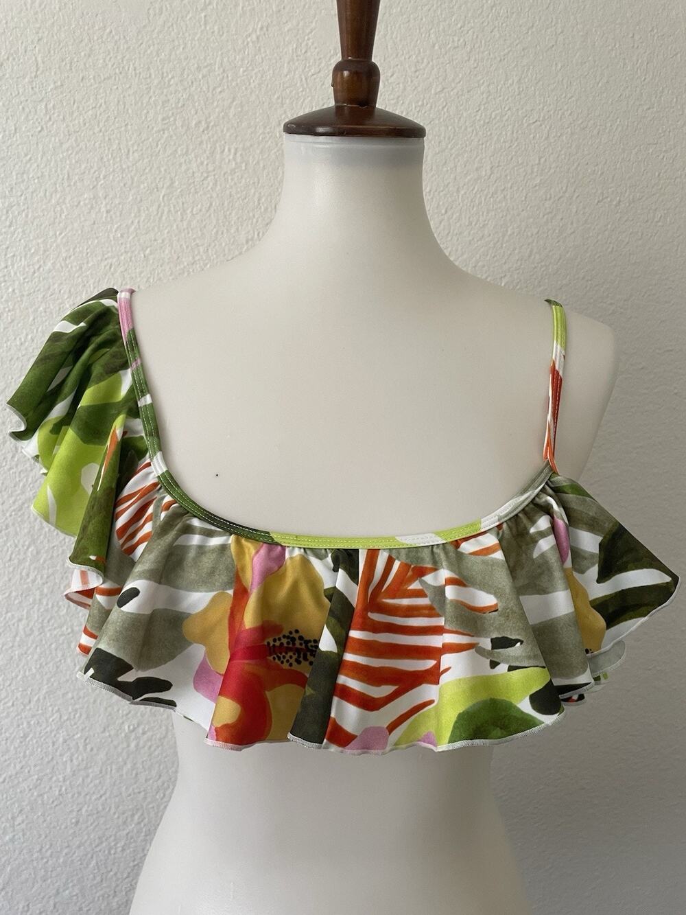 Aila Blue Swim Bikini Top Ruffled Asymmetric Beach Summer Floral Jungle